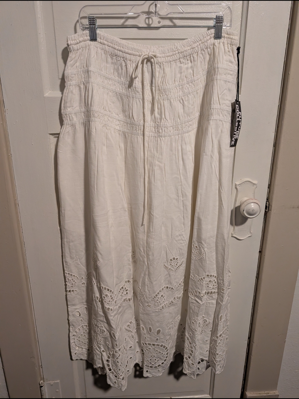 NWT Bohemian Deco White Eyelet Drawstring Summer Maxi Skirt Future Collective XL